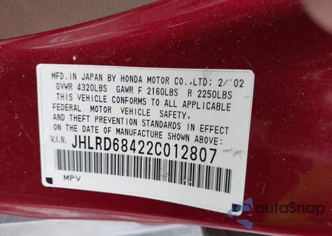 2002 Honda Cr-V Lx из США, поврежденный, VIN JHLRD68422C012807